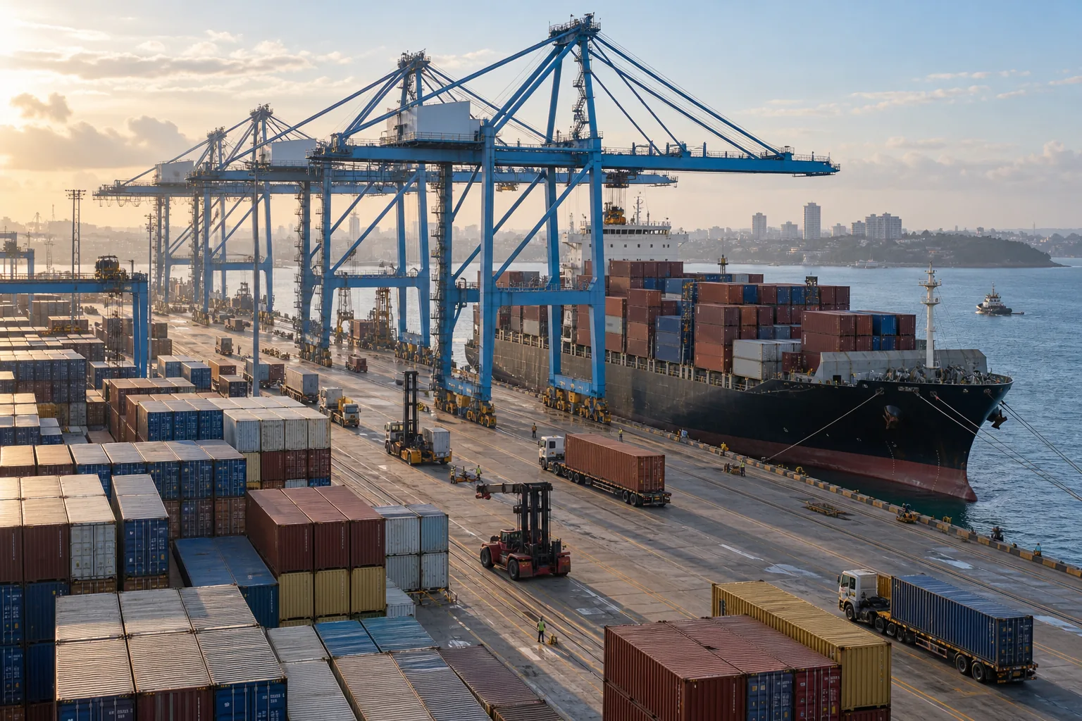 Gantry cranes loading a cargo vessel at Mombasa port, Kenya