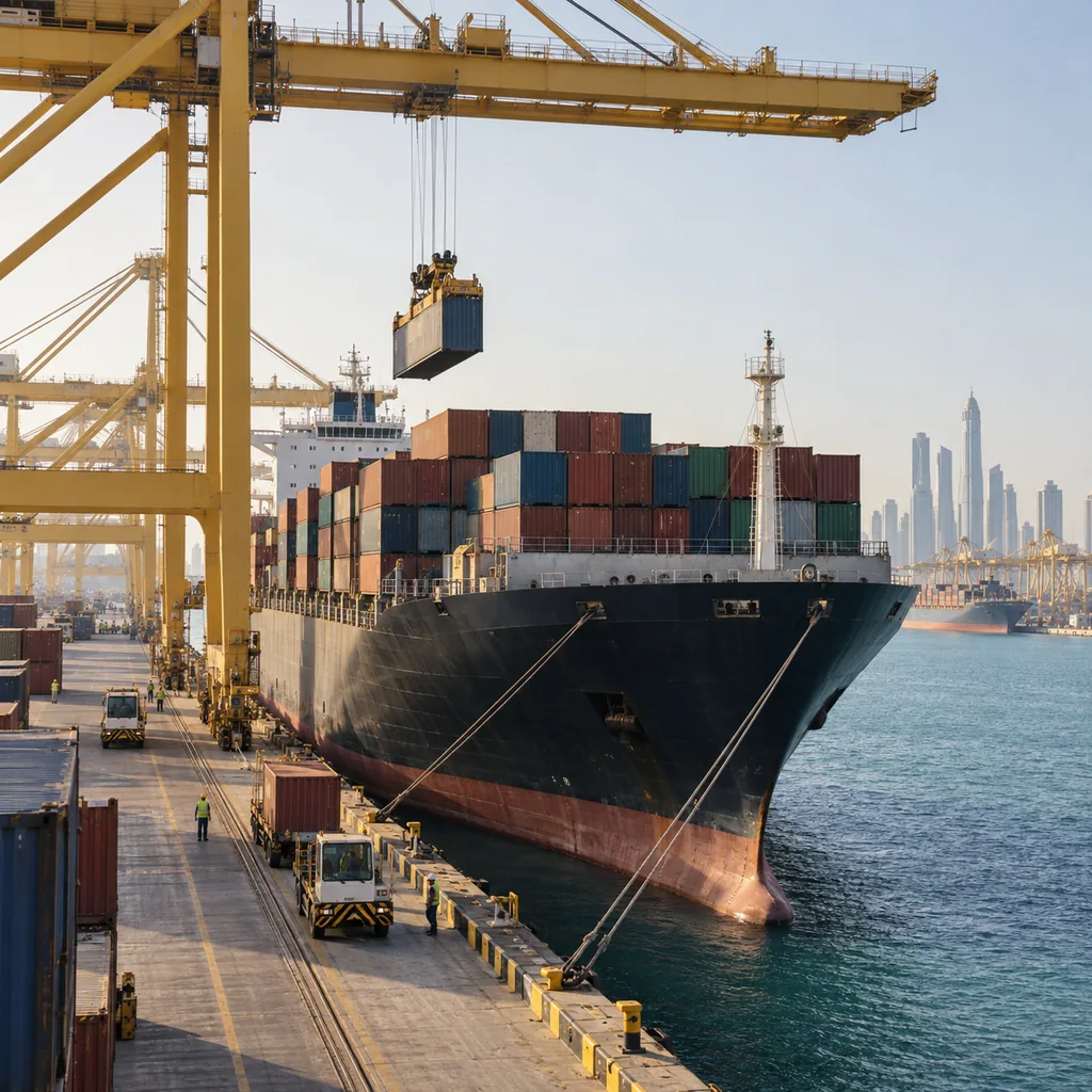Shipping containers stacked on a cargo vessel at Jebel Ali