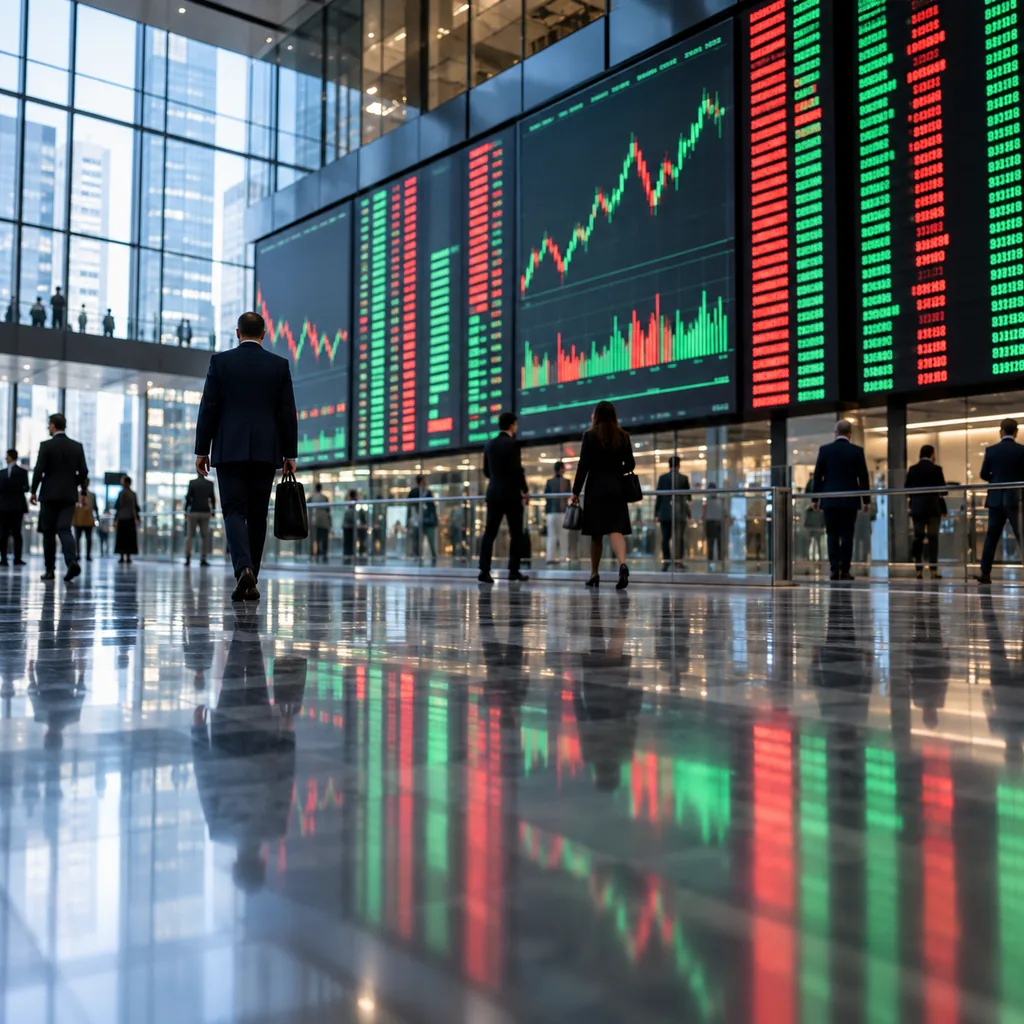 A stock exchange display wall with price tickers