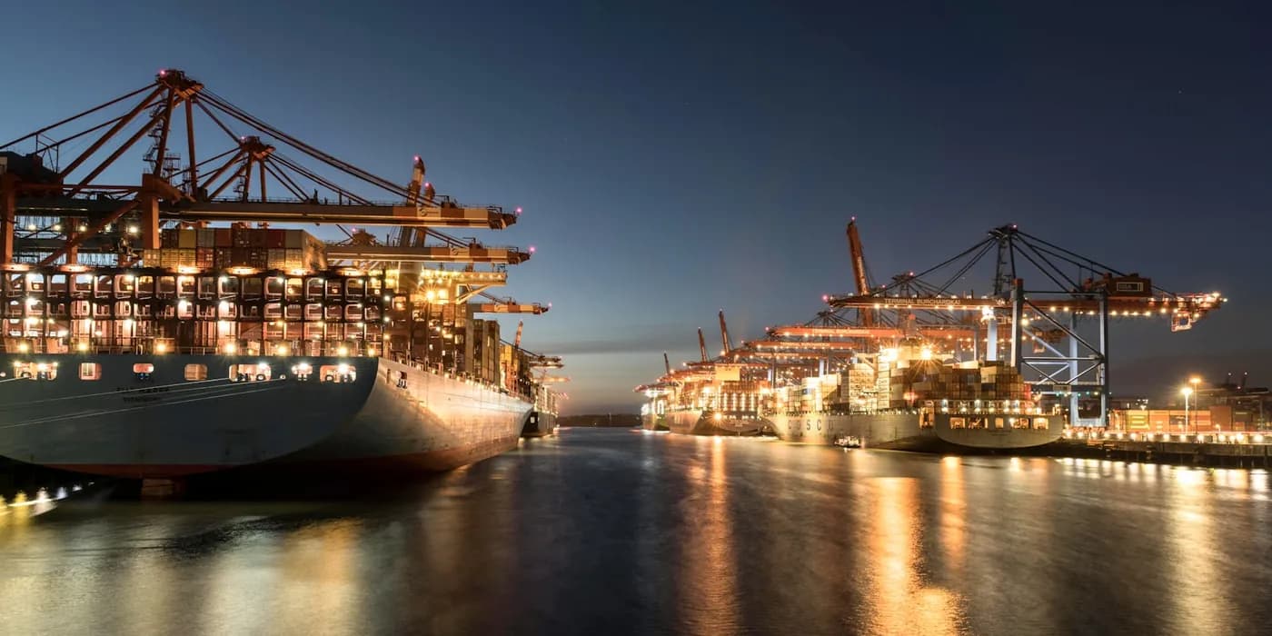 Container port at blue hour — trade finance